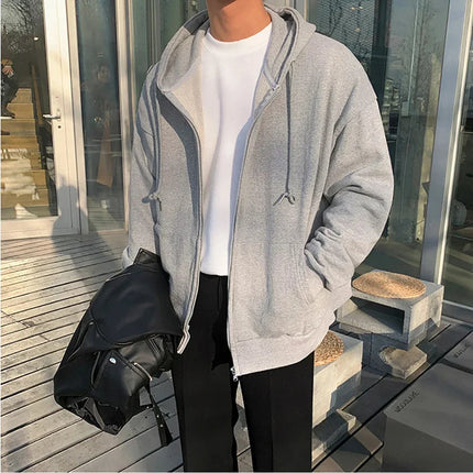 Autumn Trendy Men's Hoodie Solid Color Zip Up Loose Jacket Coats Casual Long Sleeve Hooded Sweatshirt Outdoor  Male Clorhes