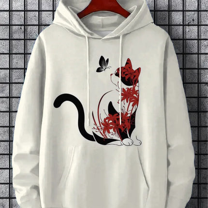 Men's Hoodie Cartoon Cute Cat Print Y2k Sweatshirt Harajuku Hooded  Pullover Casual Oversized Long Sleeve Top Men's Clothing