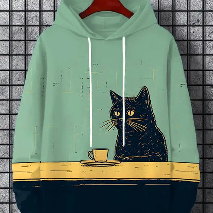 Men's Hoodie Cartoon Cute Cat Print Y2k Sweatshirt Harajuku Hooded  Pullover Casual Oversized Long Sleeve Top Men's Clothing