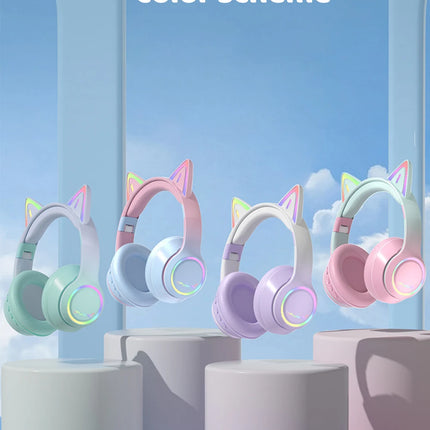 RGB Cat Ear Bluetooth Headphones For Girls Gradient Wireless Headphones With Microphone Stereo Music Game Earphones Kids Gifts