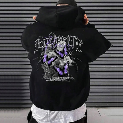 Gothic Men's Hoodie Harajuku Butterfly Print Long Sleeve Pullover Spring Autumn Casual Sweatshirts Streetwear Y2k Clothes Unisex