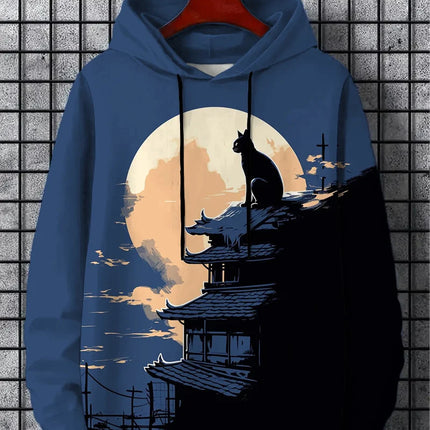 Men's Hoodie Cartoon Cute Cat Print Y2k Sweatshirt Harajuku Hooded  Pullover Casual Oversized Long Sleeve Top Men's Clothing