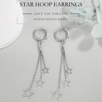 Elegant Popular Three Stars Hoop Earrings For Women 925 Sterling Silver Party Jewelry Beautiful Long Tassel EarringElegant