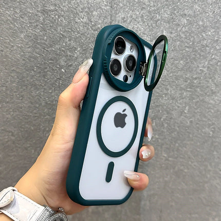 Fold Glass Lens Stand Magnetic Transparent Case For iPhone 17 16 15 14 13 12 11 Pro Max For Magsafe Wrist Strap Shockproof Cover