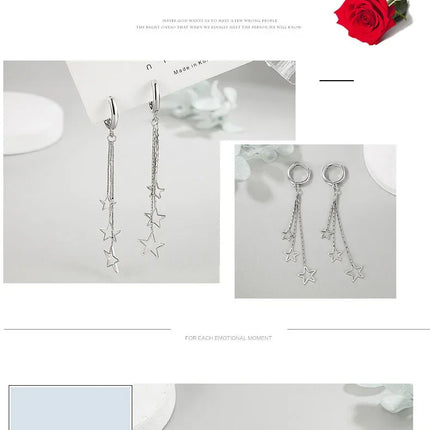 Elegant Popular Three Stars Hoop Earrings For Women 925 Sterling Silver Party Jewelry Beautiful Long Tassel EarringElegant