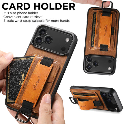 SUTENI Phone Case Wrist Strap Ring Buckle Faux Leather Card Holder Stand For iPhone 17 Pro Max 16 Plus 15 14 13 12