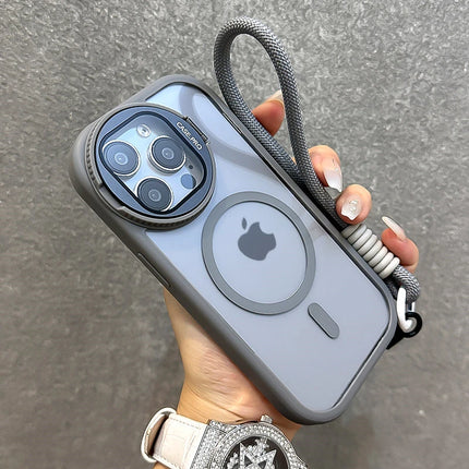 Fold Glass Lens Stand Magnetic Transparent Case For iPhone 17 16 15 14 13 12 11 Pro Max For Magsafe Wrist Strap Shockproof Cover