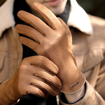 Winter Warm Gloves for Men's Outdoor Cycling and Driving Suede and Fleece Thickened Non-slip Touch Screen Gloves