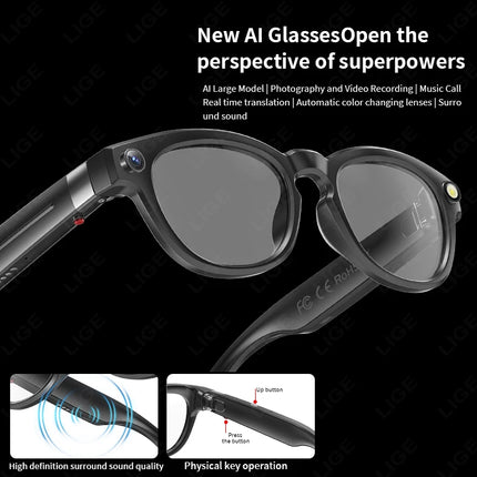 LIGE AI Smart Glasses 4K HD Camera 32GB Memory BT Call Voice Assistant Translate Touch Control Music Player sunglasses Men Women