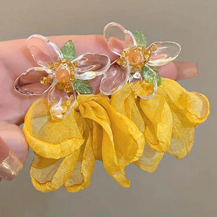 Romantic Temperament Fringed Purple Flower Clip on Earrings Without Piercing Fairy Vacation Style Seaside Long Ear Clips Cuffs