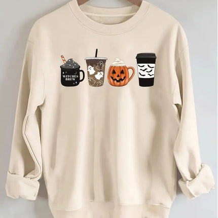 Autumn Womans Halloween Sweatshirts Coffee Lover Printing Hoodies Fleece Comfortable Crewneck Pullover Fashion Female Clothes