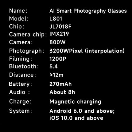 New AI Smart Glasses 800W Camera WIFI+Bluetooth Real-time Transmission Sunglasses Touch Control Video Record Glasses For XIAOMI