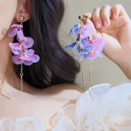 Romantic Temperament Fringed Purple Flower Clip on Earrings Without Piercing Fairy Vacation Style Seaside Long Ear Clips Cuffs