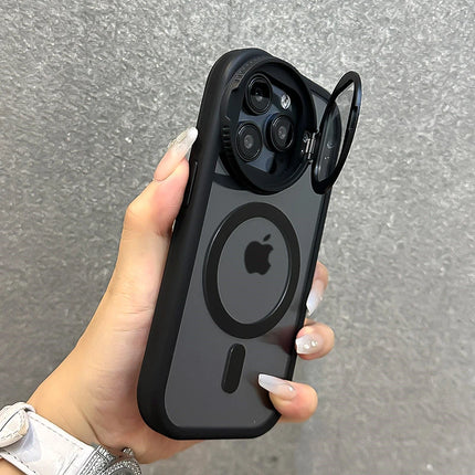 Fold Glass Lens Stand Magnetic Transparent Case For iPhone 17 16 15 14 13 12 11 Pro Max For Magsafe Wrist Strap Shockproof Cover