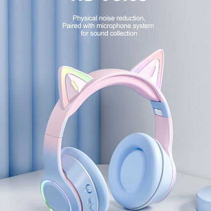 RGB Cat Ear Bluetooth Headphones For Girls Gradient Wireless Headphones With Microphone Stereo Music Game Earphones Kids Gifts
