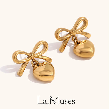Gold Color Earrings For Women Bow Stud Earring With Love Charm Fashion Cute Jewelry Piercing Ear Accessories Gift