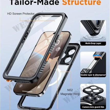 IP68 Waterproof Case For iPhone 17 16 15 Pro Max Plus Full Body Protective Cover Swim Underwater Diving Magsafe Magnetic Fundas