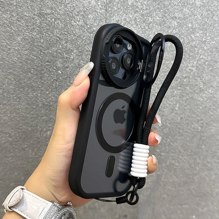 Fold Glass Lens Stand Magnetic Transparent Case For iPhone 17 16 15 14 13 12 11 Pro Max For Magsafe Wrist Strap Shockproof Cover