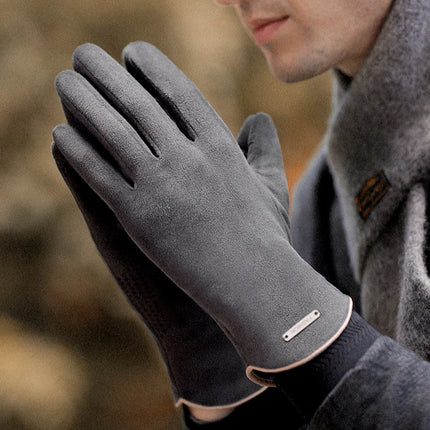 Winter Warm Gloves for Men's Outdoor Cycling and Driving Suede and Fleece Thickened Non-slip Touch Screen Gloves