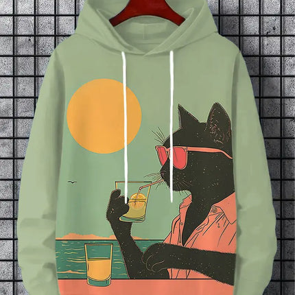 Men's Hoodie Cartoon Cute Cat Print Y2k Sweatshirt Harajuku Hooded  Pullover Casual Oversized Long Sleeve Top Men's Clothing