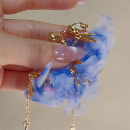 Romantic Temperament Fringed Purple Flower Clip on Earrings Without Piercing Fairy Vacation Style Seaside Long Ear Clips Cuffs