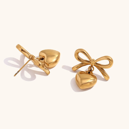 Gold Color Earrings For Women Bow Stud Earring With Love Charm Fashion Cute Jewelry Piercing Ear Accessories Gift