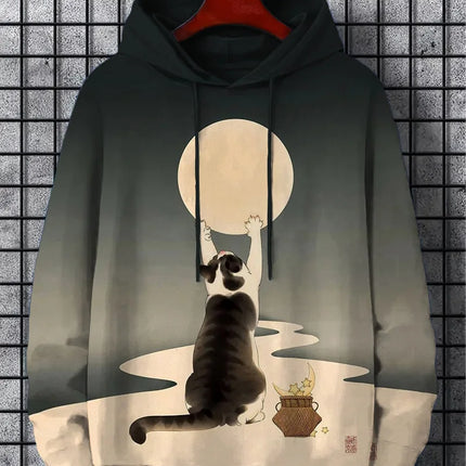 Men's Hoodie Cartoon Cute Cat Print Y2k Sweatshirt Harajuku Hooded  Pullover Casual Oversized Long Sleeve Top Men's Clothing