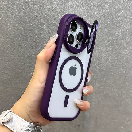 Fold Glass Lens Stand Magnetic Transparent Case For iPhone 17 16 15 14 13 12 11 Pro Max For Magsafe Wrist Strap Shockproof Cover
