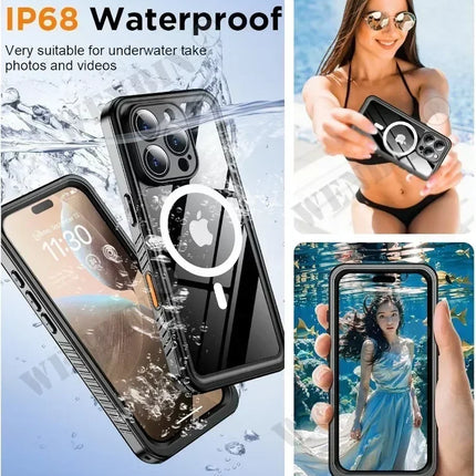 IP68 Waterproof Case For iPhone 17 16 15 Pro Max Plus Full Body Protective Cover Swim Underwater Diving Magsafe Magnetic Fundas