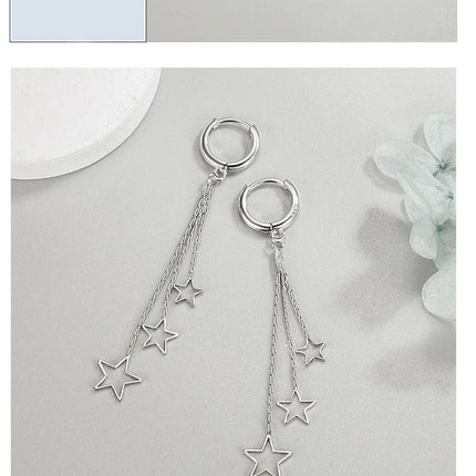 Elegant Popular Three Stars Hoop Earrings For Women 925 Sterling Silver Party Jewelry Beautiful Long Tassel EarringElegant