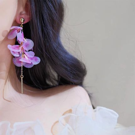 Romantic Temperament Fringed Purple Flower Clip on Earrings Without Piercing Fairy Vacation Style Seaside Long Ear Clips Cuffs