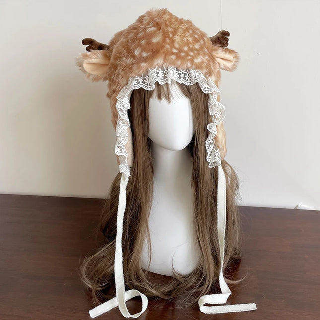 Winter Deer Hat Kawaii Lace Plush Reindeer Furry Boots Socks Cover Gothic Cap Leg Warmers Performance Costume Bomber Hats