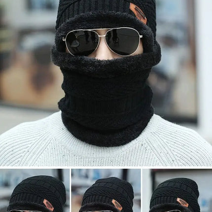 Winter hat men's warm and cold resistant with thick woolen hat cotton hat cycling knitted hat neck protection scarf two-piece se