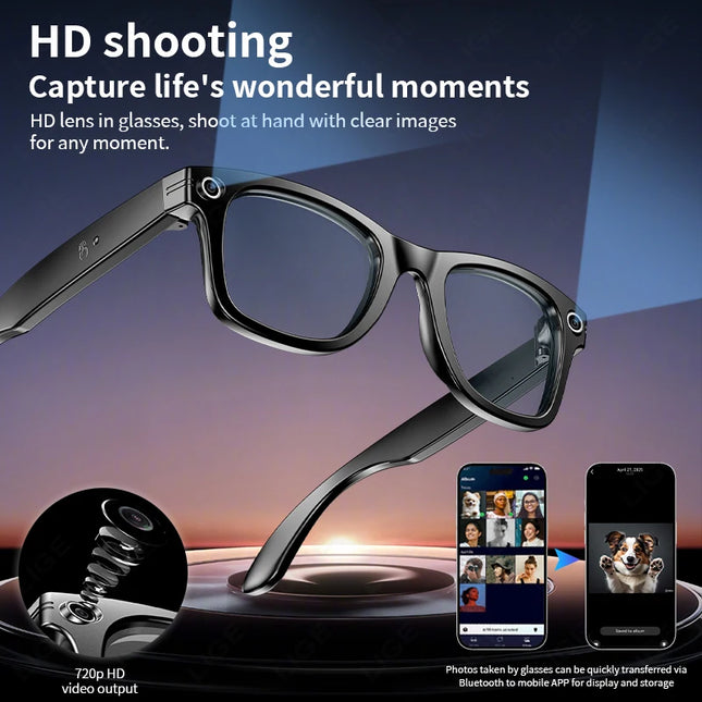 LIGE Smart Glasses 100W Pixel Camera Smart Glasses Camera Bluetooth Call Music Sunglasses AI Voice Assistant Video Sound Record