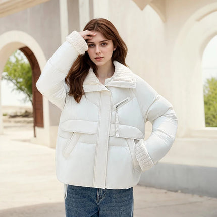 Winter Warm Puffer Jacket Cute Short Parka Patchwork Cotton-padded Coat Trendy Loose Fitting Hooded Zipper Windproof Outerwear