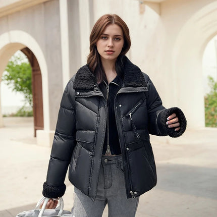 Winter Warm Puffer Jacket Cute Short Parka Patchwork Cotton-padded Coat Trendy Loose Fitting Hooded Zipper Windproof Outerwear