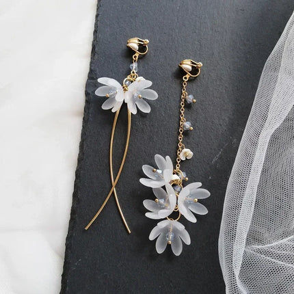 Romantic Temperament Fringed Purple Flower Clip on Earrings Without Piercing Fairy Vacation Style Seaside Long Ear Clips Cuffs
