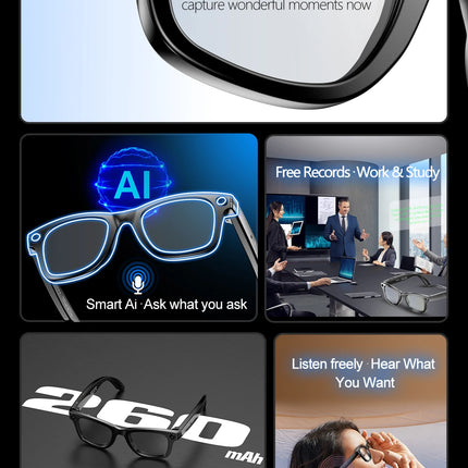 LIGE Smart Glasses 100W Pixel Camera Smart Glasses Camera Bluetooth Call Music Sunglasses AI Voice Assistant Video Sound Record