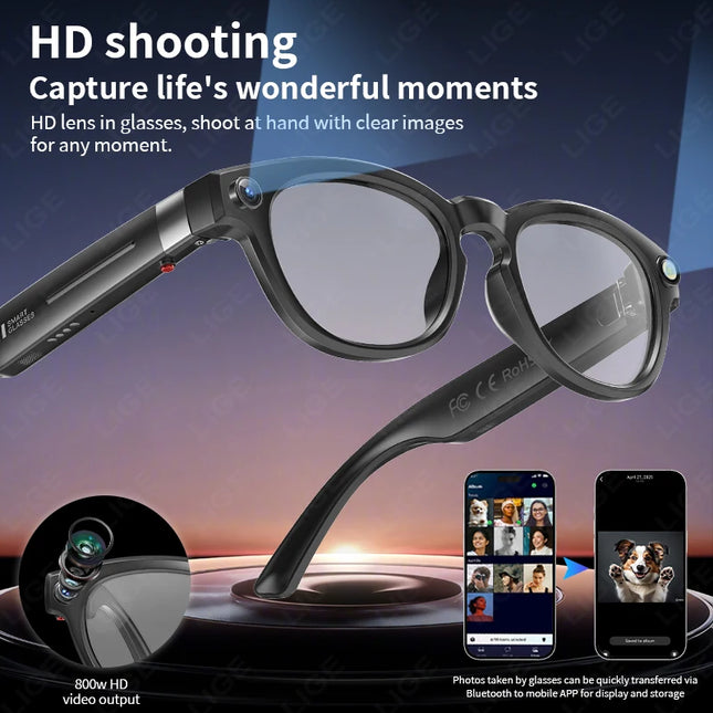 LIGE AI Smart Glasses 4K HD Camera 32GB Memory BT Call Voice Assistant Translate Touch Control Music Player sunglasses Men Women