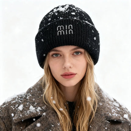 Winter Hats For Women Luxury Rhinestone Letters Fashion Cap Warm Hat Real Rabbit Fur Wool Skullies Beanies Knit Hats for Men