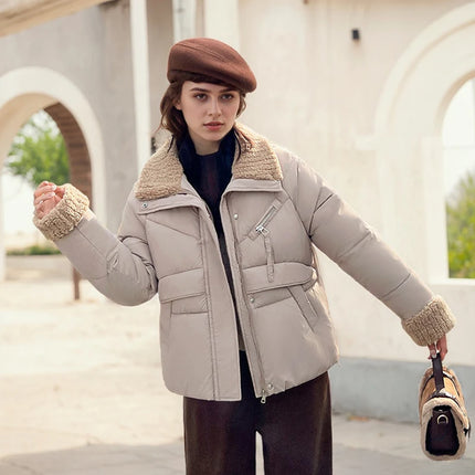 Winter Warm Puffer Jacket Cute Short Parka Patchwork Cotton-padded Coat Trendy Loose Fitting Hooded Zipper Windproof Outerwear