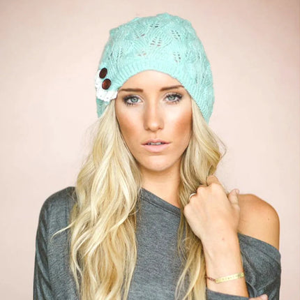 Winter Hats Woman Knitted Woolen Beret Hat Hollow Fashion Leaves Cap Lady Sexy Lace Button Casual Warm Women Hat