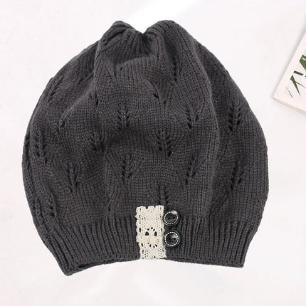 Winter Hats Woman Knitted Woolen Beret Hat Hollow Fashion Leaves Cap Lady Sexy Lace Button Casual Warm Women Hat