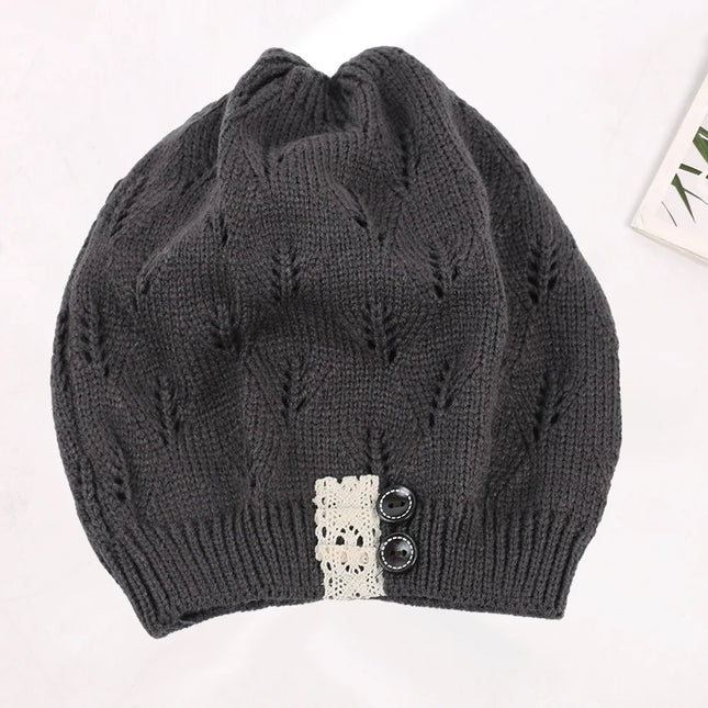 Winter Hats Woman Knitted Woolen Beret Hat Hollow Fashion Leaves Cap Lady Sexy Lace Button Casual Warm Women Hat