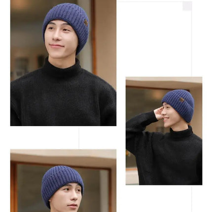 Winter Hats For Men Thickened Knitted Beanie Ear Protection Solid Color Cold Hat Keep Warm Baggy Cap Male Korean Elastic New