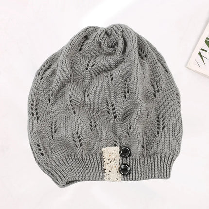 Winter Hats Woman Knitted Woolen Beret Hat Hollow Fashion Leaves Cap Lady Sexy Lace Button Casual Warm Women Hat