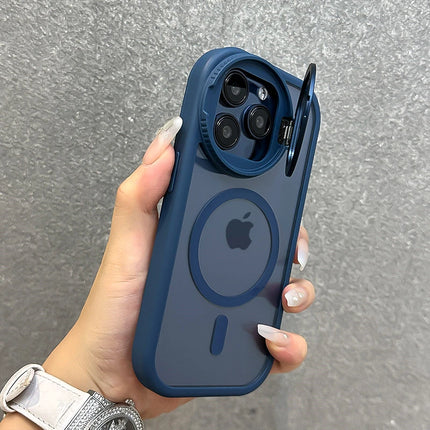Fold Glass Lens Stand Magnetic Transparent Case For iPhone 17 16 15 14 13 12 11 Pro Max For Magsafe Wrist Strap Shockproof Cover