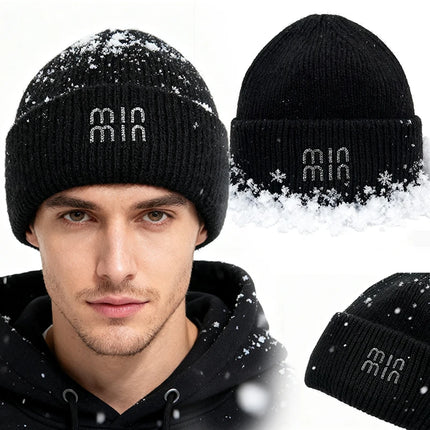 Winter Hats For Women Luxury Rhinestone Letters Fashion Cap Warm Hat Real Rabbit Fur Wool Skullies Beanies Knit Hats for Men