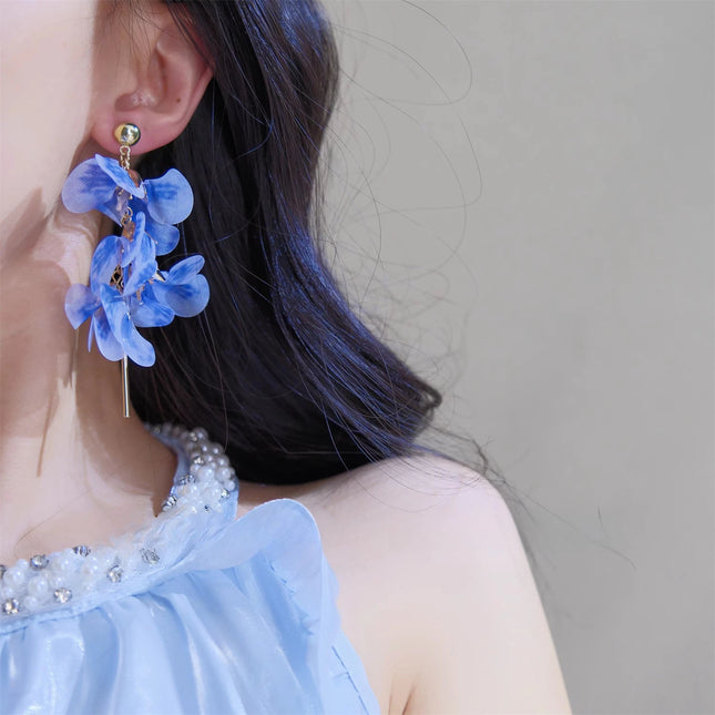 Romantic Temperament Fringed Purple Flower Clip on Earrings Without Piercing Fairy Vacation Style Seaside Long Ear Clips Cuffs