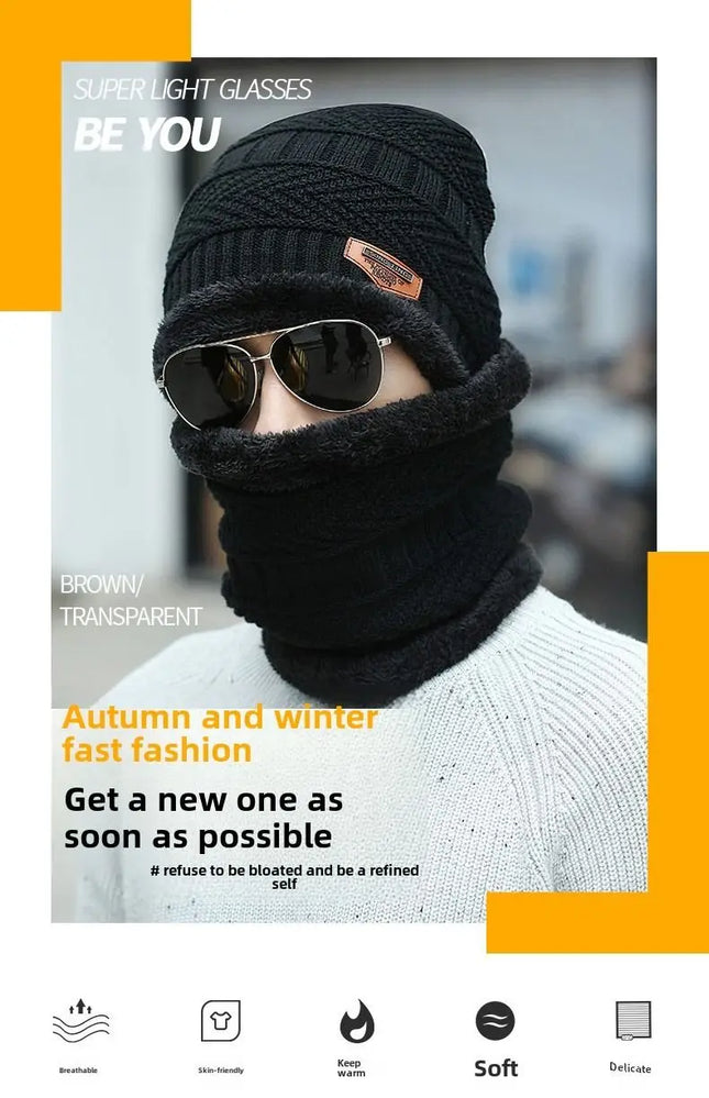 Winter hat men's warm and cold resistant with thick woolen hat cotton hat cycling knitted hat neck protection scarf two-piece se